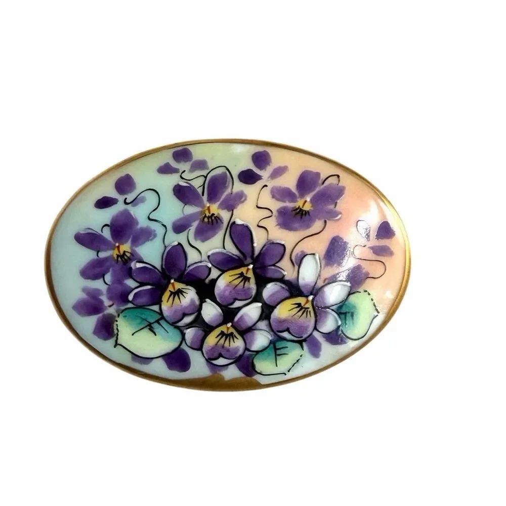 Vintage Hand Painted Porcelain Violet Floral Brooch